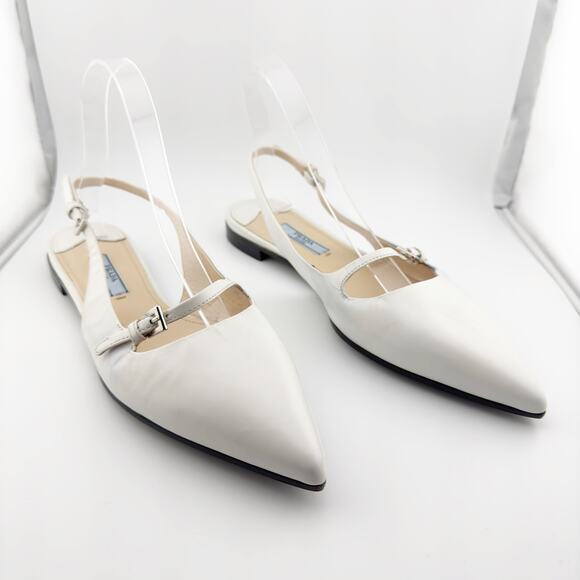 Prada White Leather Mary Jane Slingback Flats Pointed Toe Size 37.5 - Picture 1 of 16